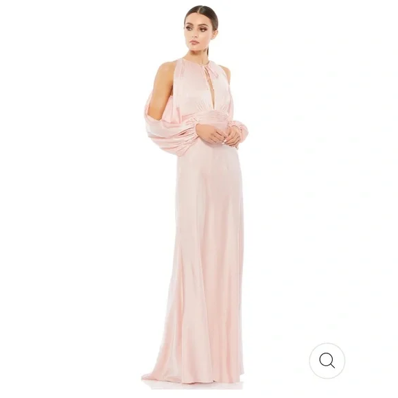 Mac Duggal | Dresses | Mac Duggal Plunge V Neck Sleeve Satin Gown Pink Long  Sleeve Cutout Cold Shoulder | Poshmark